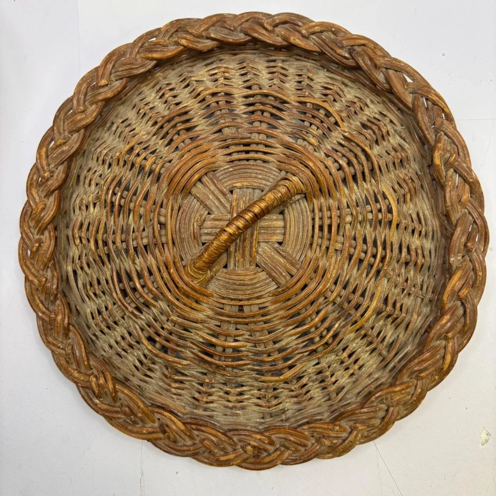 Vintage Round Wicker Basket with Lid Dark Brown Woven Storage Decorative Box